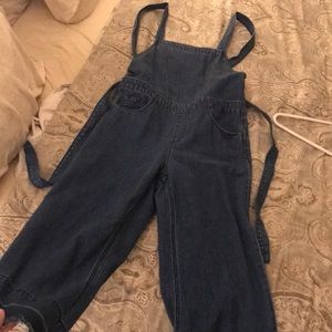 Cropped distressed overalls